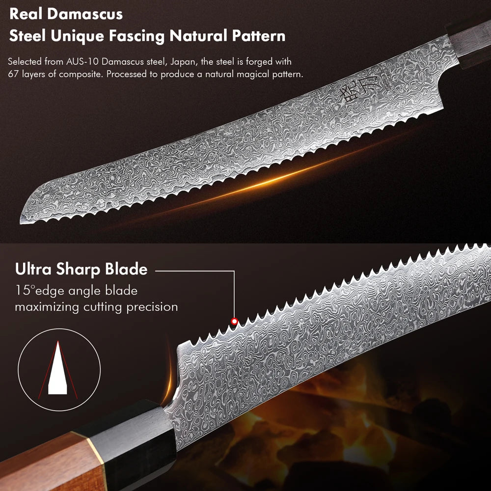 8.5" Serrated Bread Knife 67 Layer Damascus Steel