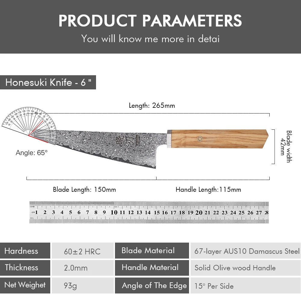 6" Japanese Honesuki Knife 67 Layers Damascus Steel